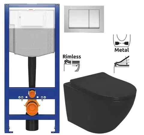 Závesné wc sety CERSANIT predstenový inštalačný systém s tlačidlom chrom K97-509 + WC REA CARLO MINI RIMLESS ČIERNY MAT + SEDADLO K97-526 509 MM1