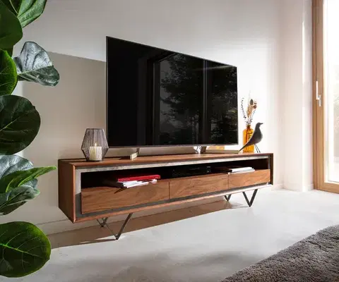 Televízne stolíky DELIFE TV stolík Stonegrace 175 cm akácia hnedá kamenná dyha 3 zásuvky 1 priehradka podstava v tvare V čierna