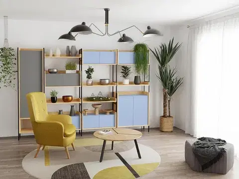 Obývacie steny HALMAR Mobius obývacia izba prírodný orech / modrá / sivá
