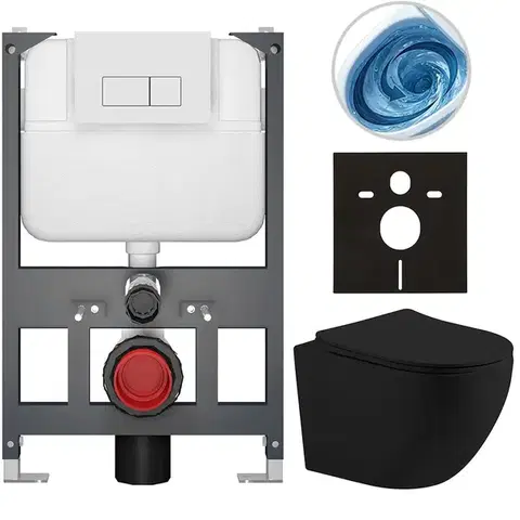 Záchody CERANO - Kompletný WC set Basic/Cesso - čierna matná - WC tlačidlo Modulo/Biela - závesné - nízky modul - predstenová inštalácia - 49x36 CER-8050BD86229