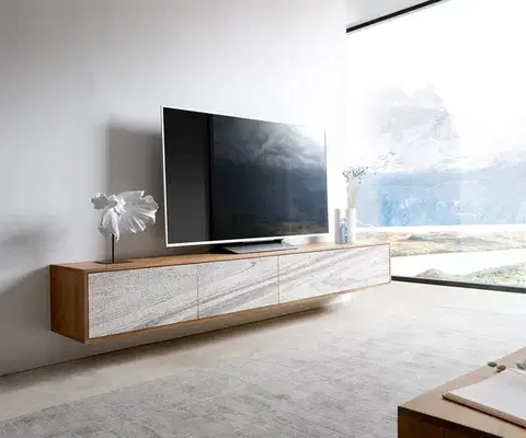 Televízne stolíky DELIFE TV stolík Kleo 220 cm akácia prírodná 4 dvierka závesný