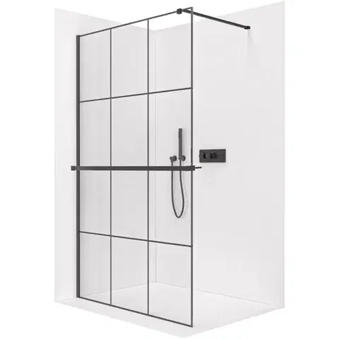 Držadlá k vani CERANO - Sprchová zástěna Walk-in Onyx Cube L/P - 8 mm + polička/držák na ručníky - hranatá vzpěra  -  černá matná, industriální sklo - 90x200  CER-8050BD475
