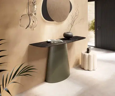 Konzolové stolíky DELIFE Konzolový stolík Edge zaoblený tvar 140×40 cm keramika Laminam® Noir Desir hnedá kov titánová farba