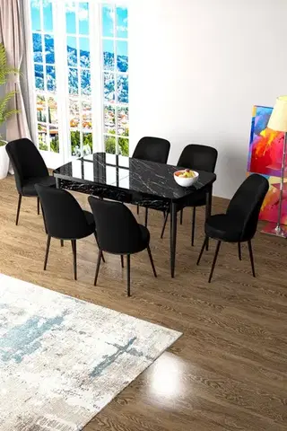 Jedálenské sety Extendable Dining Table & Chairs Set (7 Pieces) Zen - Black Marble, Black