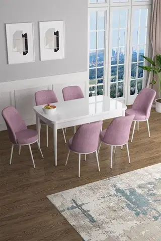 Jedálenské sety Extendable Dining Table & Chairs Set (7 Pieces) Han - White, Pink