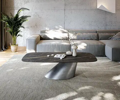 Konferenčné stolíky DELIFE Konferenčný stolík Edge zaoblený 140x80 cm keramika Laminam® Noir Desir hnedá Conis metalická strieborná