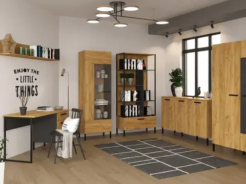 Obývacie steny KONDELA Santana pracovňa dub craft zlatý / antracit