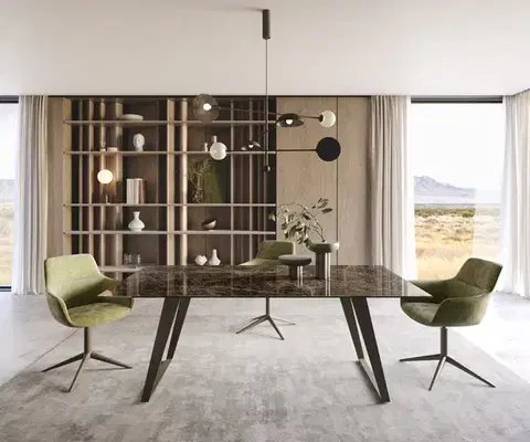 Jedálenské stoly DELIFE Jedálenský stôl Edge 200x100 keramika Laminam® Emperador Extra Lucidato tmavohnedá kov efektové prevedenie titánová skosený