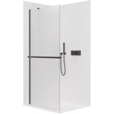 Držadlá k vani CERANO - Sprchová zástěna Walk-in Onyx Y L/P - 8 mm + polička/držák na ručníky - černá matná, mléčné sklo - 90x200  CER-8050BD1211