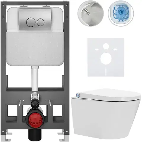 Záchody CERANO - Závesné WC s bidetom Basic/Cronus Standard - biela lesklá - WC tlačidlo Dualo/Strieborná - voľne stojaca - predstenová inštalácia - 59,3x38,4 CER-8050BD86432