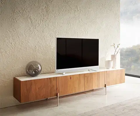 Televízne stolíky DELIFE TV stolík Secara 220 cm akácia prírodná 4 dvierka mramorové nohy nerezová oceľ