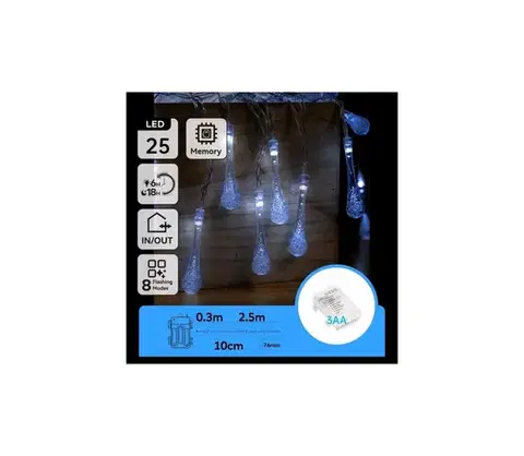 LED osvetlenie  B.V.  - LED vonkajší vianočný reťaz 25xLED/8 funkcií 3xAA 2,5m IP44 studená biela kvapky B10303K5A