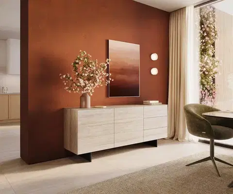 Komody DELIFE Komoda Cuor 180 cm keramika Laminam® Travertino Bianco krémovo biela 2 dvierka 3 zásuvky podstava závesná kov čierna