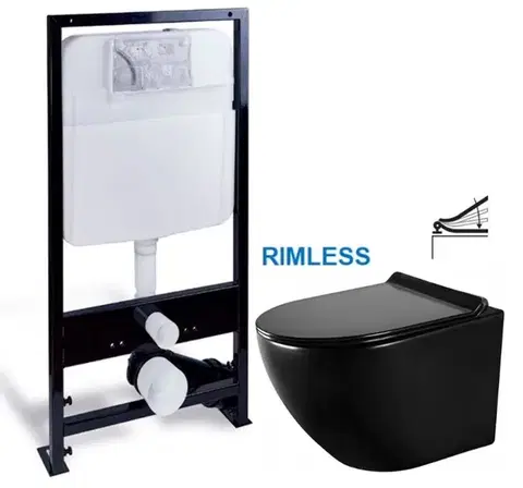 Závesné wc sety PRIM predstenový inštalačný systém bez tlačidla + WC MEXEN LENA ČERNÁ Rimless + SEDADLO PRIM_20/0026 X ME01