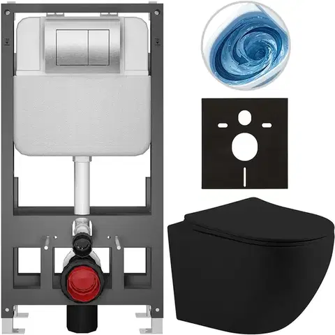 Záchody CERANO - Kompletný WC set Basic/Cesso - čierna matná - WC tlačidlo Maxio/Strieborná - voľne stojaca - predstenová inštalácia - 49x36 CER-8050BD86222
