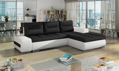 Sedacie súpravy NABBI Otelo P rohová sedačka s rozkladom a úložným priestorom čierna (Sawana 14) / biela (Soft 17)