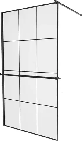 Sprchové dvere MEXEN/S - KIOTO Sprchová zástena WALK-IN s poličkou a držiakom uterákov 100 x 200, transparent/čierna 8 mm, čierna 800-100-121-70-77