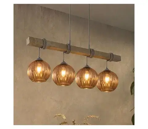 Svietidlá BRILAGI - Závesný luster WOOD GLASS 4xE27/60W/230V borovica/sivá/dymovo hnedá EG49927A+4xNSTK7482