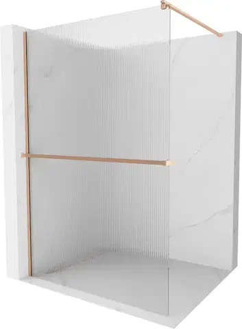 Sprchové dvere MEXEN/S - Kioto+ Sprchová zástena WALK-IN s poličkou a držiakom uterákov 70 x 200, prúžky, meď kartáčovaná 800-070-121-65-09