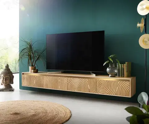 Televízne stolíky DELIFE TV stolík Budaya 220 cm mango prírodná 4 dvierka závesný