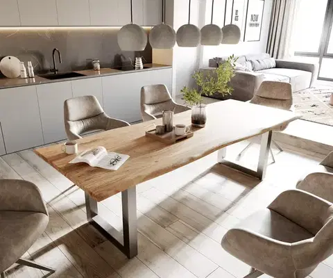 Jedálenské stoly DELIFE Jedálenský stôl Edge 260x100 akácia prírodná nerezová oceľ široký Live-Edge