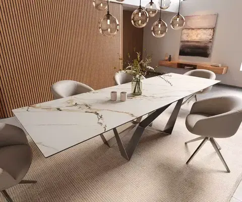 Jedálenské stoly DELIFE Jedálenský stôl Edge 300x100 keramika Calacatta Luxe bielo-zlato-šedá Spider plochá nerezová oceľ