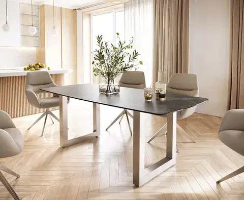 Jedálenské stoly DELIFE Jedálenský stôl Edge oválny tvar 200x100 cm keramika Laminam® Noir Desir hnedá nerezová oceľ široký