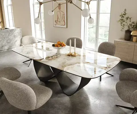 Jedálenské stoly DELIFE Jedálenský stôl Edge zaoblený 240×120 cm keramika Minas Melange bielo-béžová Infinity kov čierna