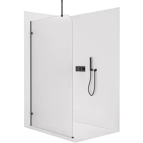 Sprchové dvere CERANO - Sprchová zástena Walk-in Orbis Top Round - Ľavá - 8 mm - guľatá vzpera - čierna matná, mliečne sklo - 160x200 CER-682201