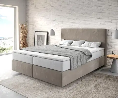 Postele Boxspring DELIFE Boxspring posteľ Dream-Well 160×200 cm mikrovlákno béžová s vreckovou pružinovou matracou a visco topperom