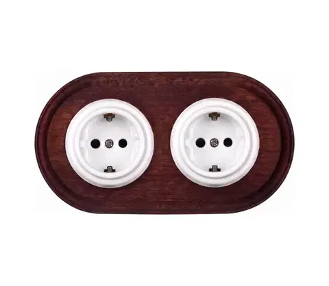 Predlžovacie káble Elhard - Dvojitá keramická retro domová zásuvka s rámom SCHUKO 230V biela/drevo EF0114+2xEF0087