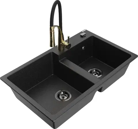Kuchynské drezy MEXEN/S MEXEN/S - Tomas granitový drez 2-bowl vrátane batérie Aster, čierna/strieborná metalík 6516-73-73450-57-B