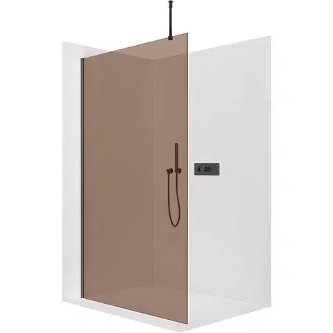 Sprchové dvere CERANO - Sprchová zástena Walk-in Onyx Top Round Ľ/P - 8 mm - okrúhla vzpera - čierna matná, bronzové sklo - 70x200 CER-689035