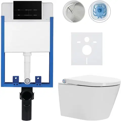 Záchody CERANO - Kompletní WC set Profi/Cronus Standard - bílá lesklá - WC tlačítko Line/Černá lesklá - pro zazdění - 59,3x38,4  CER-256826