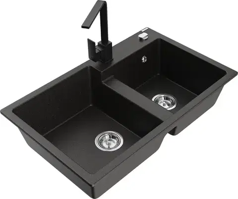 Kuchynské drezy MEXEN/S MEXEN/S - Tomas granitový drez 2-bowl vrátane batérie Rita, čierna/zlatá metalik 6516-75-670300-70