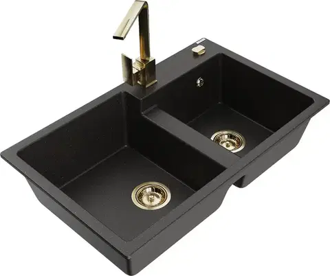Kuchynské drezy MEXEN/S MEXEN/S - Tomas granitový drez 2-bowl vrátane batérie Rita, čierna/zlatá metalik 6516-75-670300-50