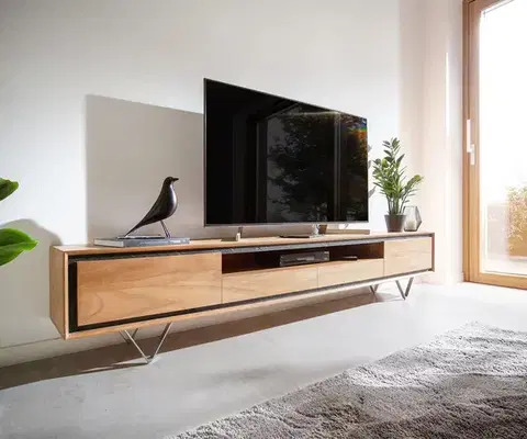 Televízne stolíky DELIFE TV stolík Stonegrace 240 cm akácia prírodná 2 dvierka 1 priehradka 2 zásuvky kamenná dyha podstava v tvare V