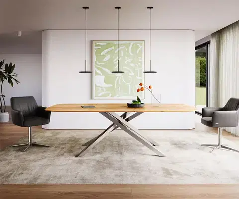 Jedálenské stoly DELIFE Jedálenský stôl Edge zaoblený tvar 240x120x2,5-3 dub prírodný krížová podstava obdĺžnik nerezová oceľ švajčiarska hrana