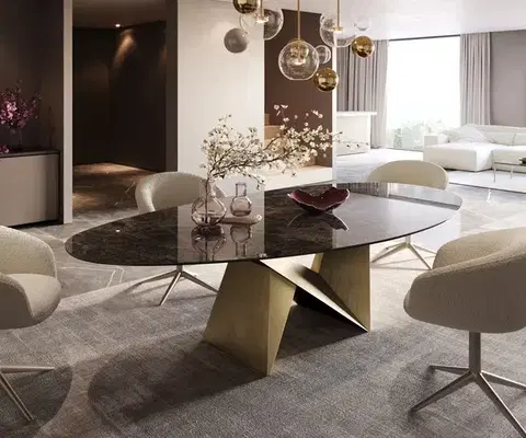 Jedálenské stoly DELIFE Jedálenský stôl Edge oválny 280x130 keramika Laminam® Emperador Extra Lucidato tmavohnedá Origami metalická zlatá