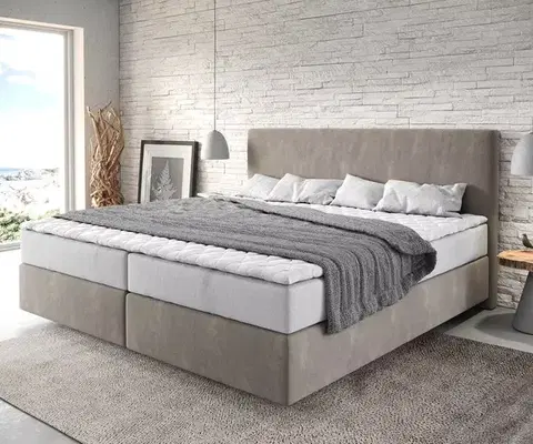 Postele Boxspring DELIFE Boxspring posteľ Dream-Well mikrovlákno béžová 200x200 cm s vreckovou pružinovou matracou a topperom Visco