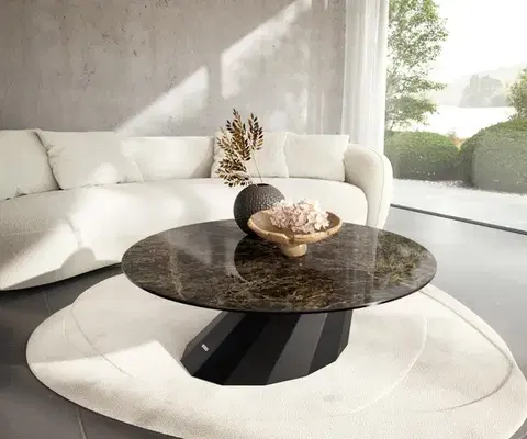 Konferenčné stolíky DELIFE Konferenčný stolík Edge okrúhly 100x100 cm keramika Laminam® Emperador Extra Lucidato tmavohnedá Parabi kov čierna
