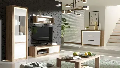 Obývacie steny MIRA moderná obývačka, dub ribbeck/biely lesk