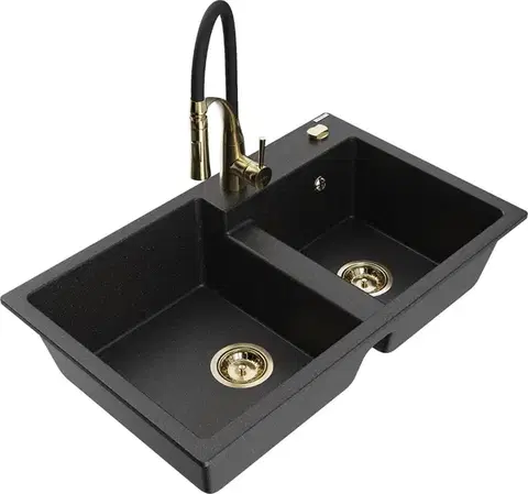 Kuchynské drezy MEXEN/S MEXEN/S - Tomas granitový drez 2-bowl vrátane batérie Aster, čierna/strieborná metalík 6516-73-73450-57-G