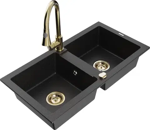 Kuchynské drezy MEXEN/S MEXEN/S - Mario granitový drez 2-bowl vrátane batérie Elia, čierna/strieborná metalík 6504-73-670101-50