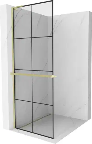 Sprchové dvere MEXEN/S - Kioto+ L Sprchová zástena WALK-IN s poličkou a držiakom uterákov 70 x 200, čierny vzor, zlatá kartáčovaná 800-070-123-55-77