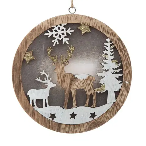 Vianočné dekorácie Drevená závesná ozdoba s LED svetlom Fawn, 13 x 13 x 2,5 cm