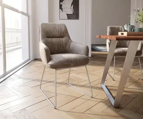 Jedálenské stoličky DELIFE Jedálenská stolička Zelia-Flex s opierkami mikrovlákno taupe vintage tenká podstava nerezová oceľ vrecková pružina