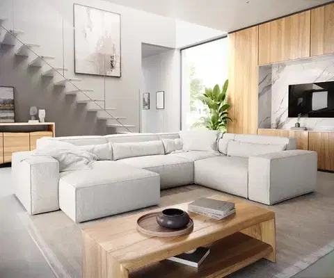 Sedacie súpravy XL DELIFE Pohovka v tvare U Sirpio 300x210 cm bouclé bielo-krémová ležadlo variabilné