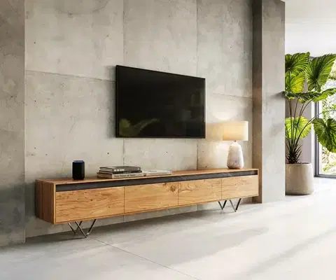 Televízne stolíky DELIFE Dizajnový TV stolík Stonegrace 240 cm akácia prírodná bridlica 4 dvierka