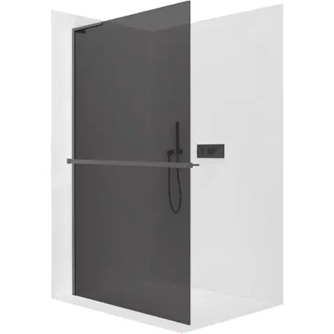 Sprchové dvere CERANO - Sprchová zástena Walk-in Onyx L-ľavá vzpera - 10 mm + polička/držiak na uteráky - čierna matná, grafitové sklo - 110x200 CER-8050BD73594
